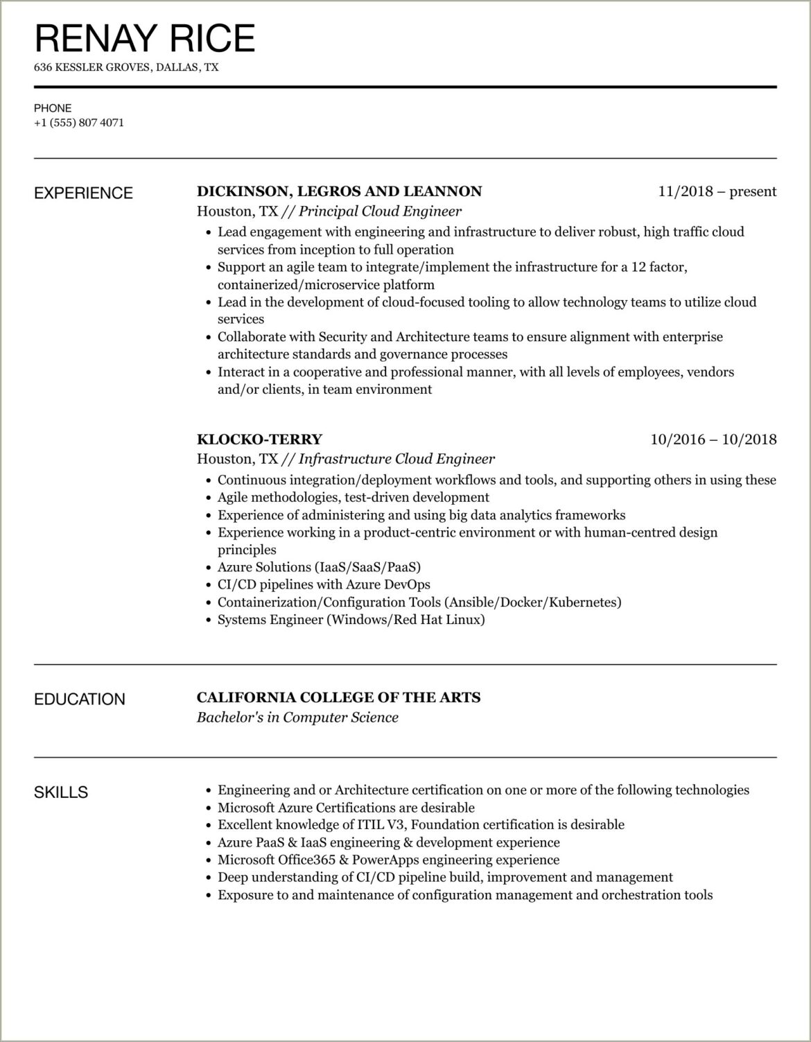 Azure Cloud Experience In Net Resume