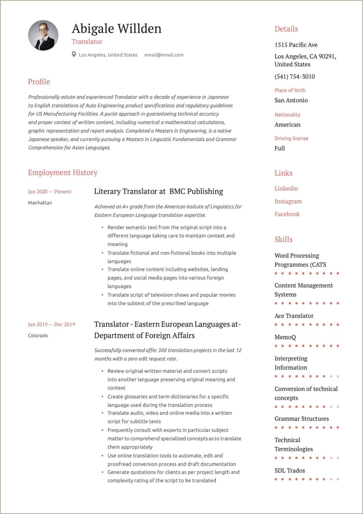 Ba In English Literature Resume Sample Translator