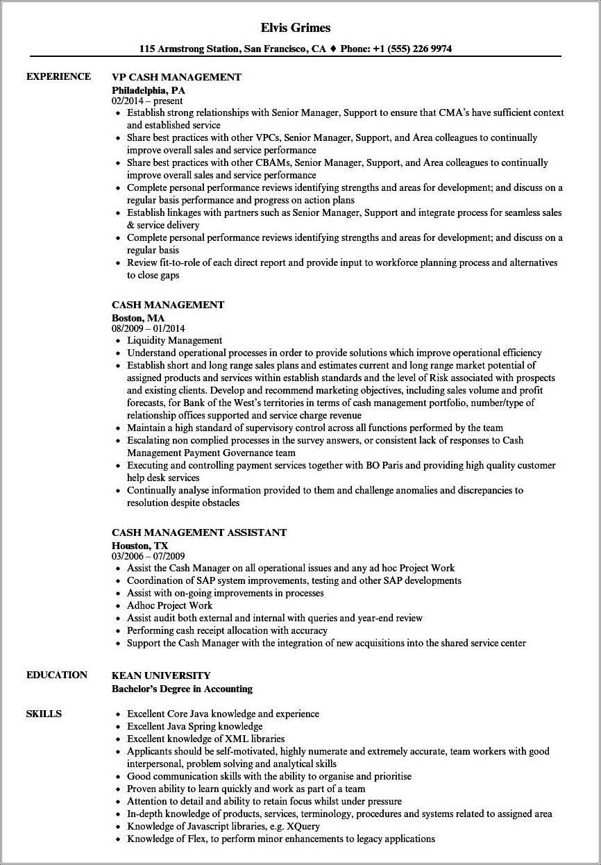 Ba With Cash Management Experience Resume