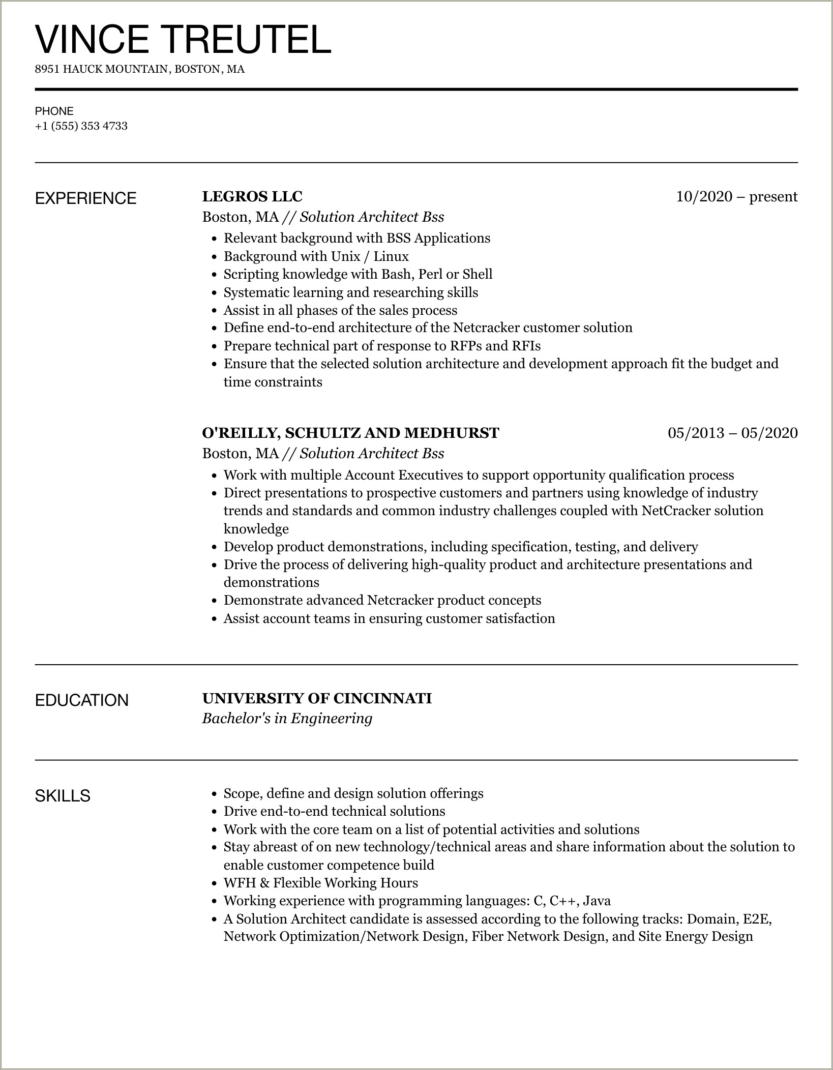 Ba With Orale Oss Bss Sample Resume