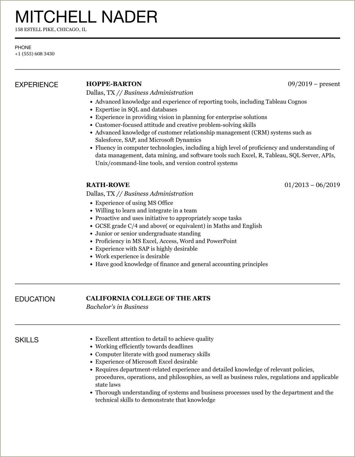 Bachelor Of Arts And Business Management Resume