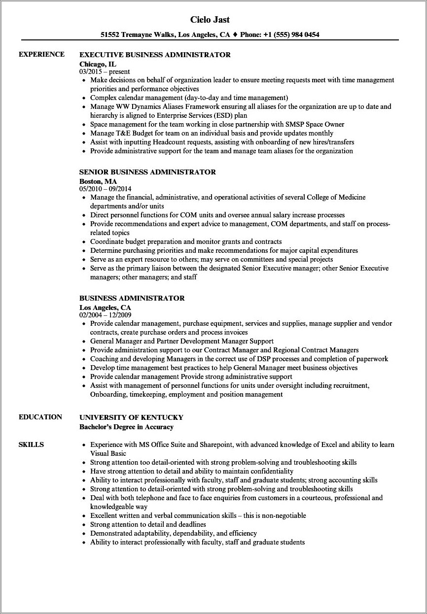 Bachelor Of Business Administration Resume Sample Free