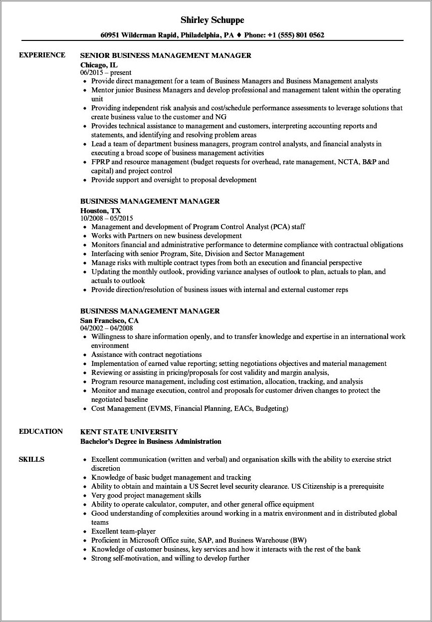 Bachelor Of Science In Business Management Resume