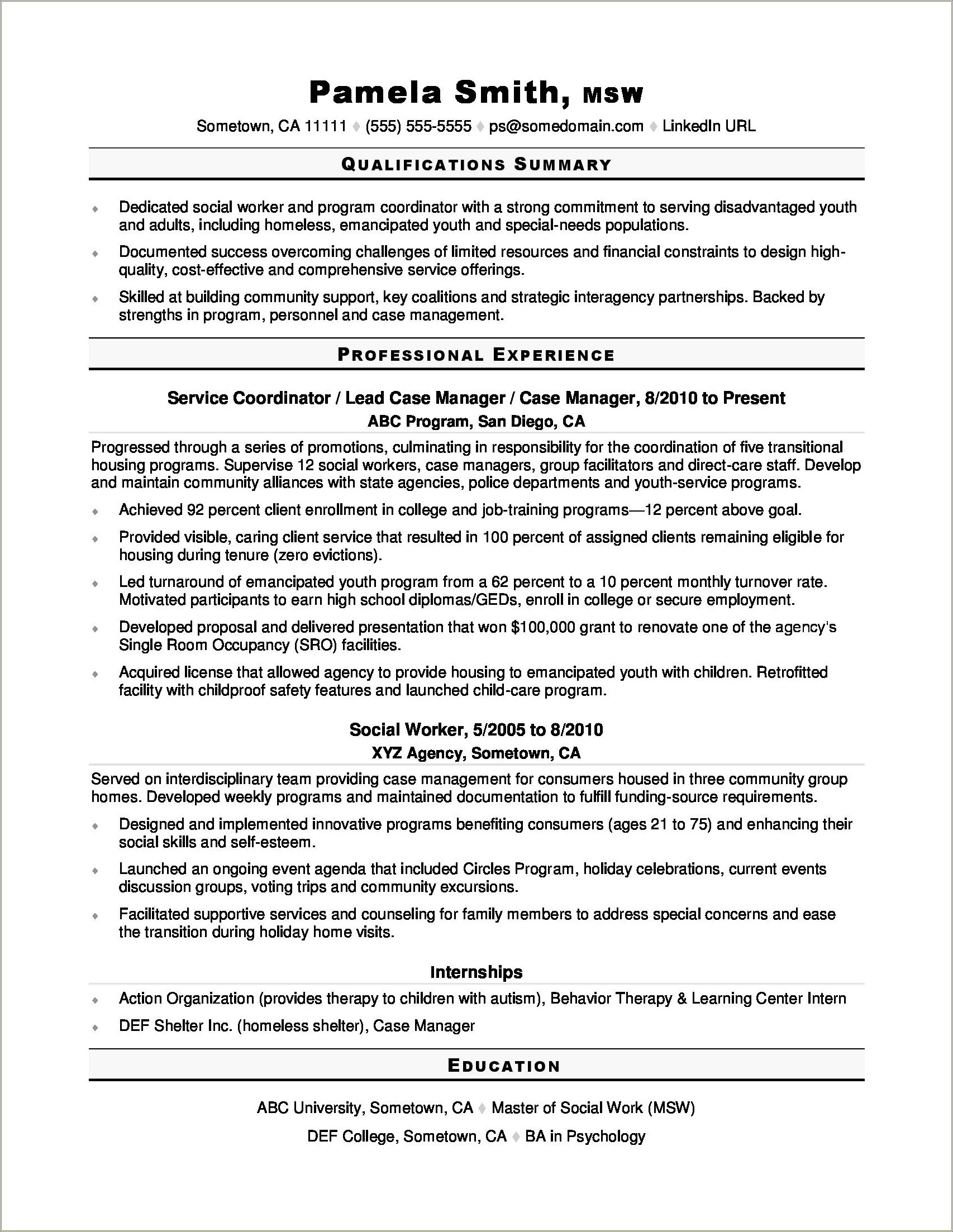 Bachelor Of Science In Social Work Resume