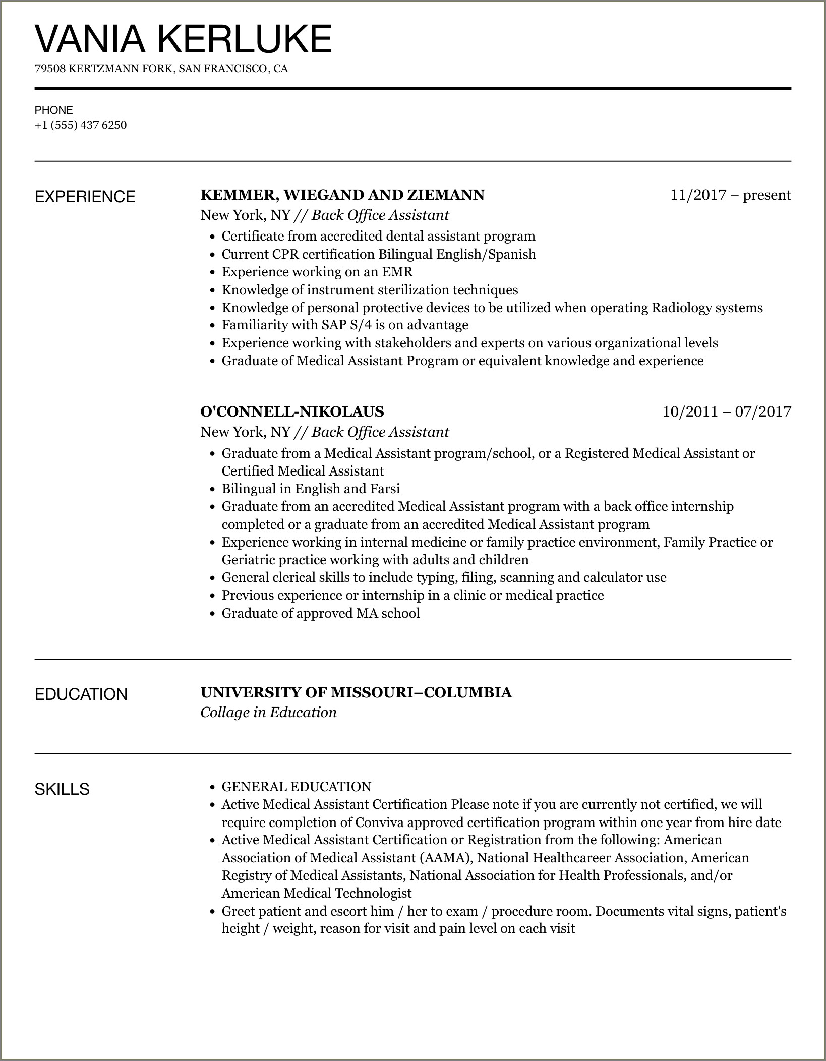 Back Office Medical Assistant Resume Examples