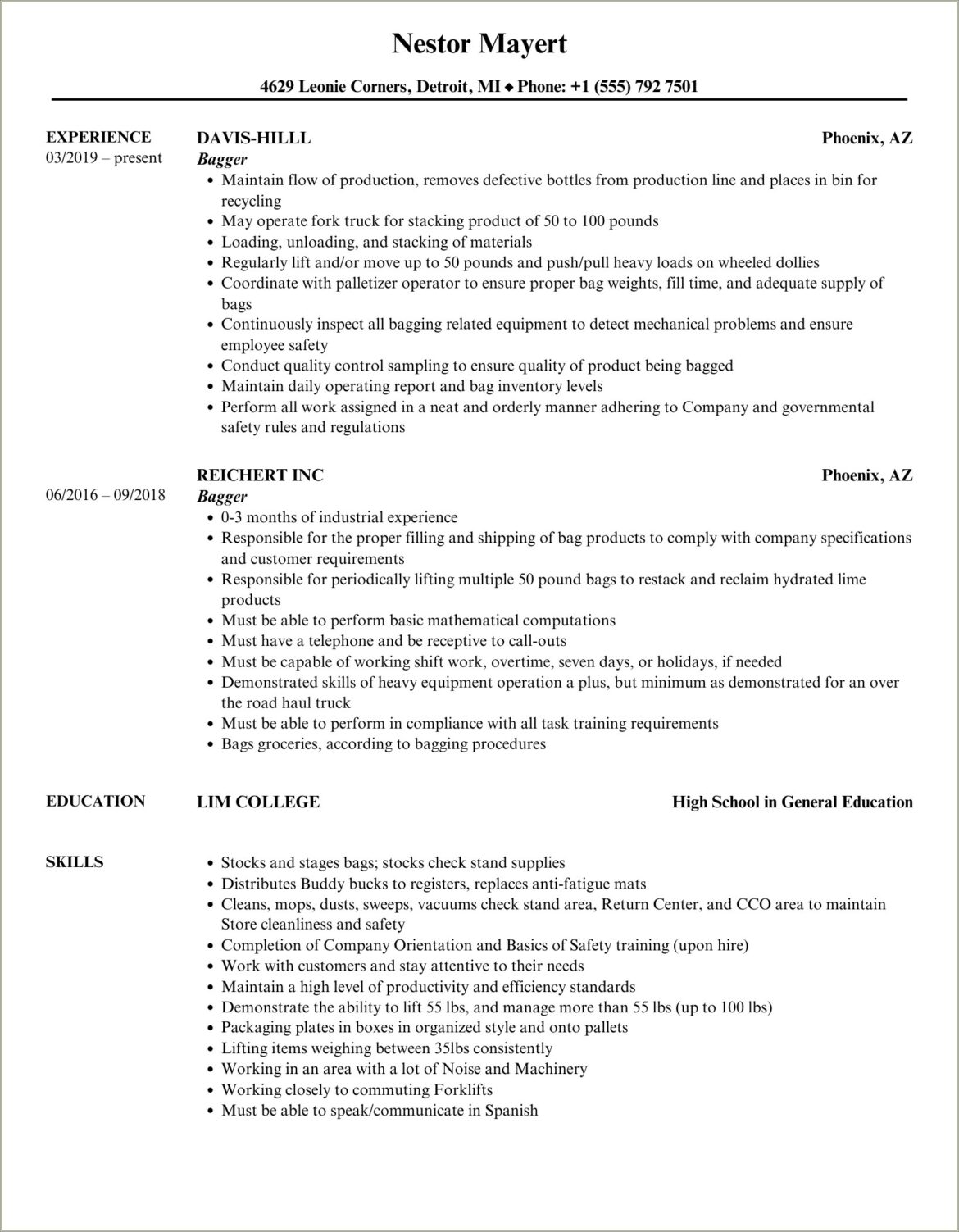 Bagger Job Description Samples For Resumes