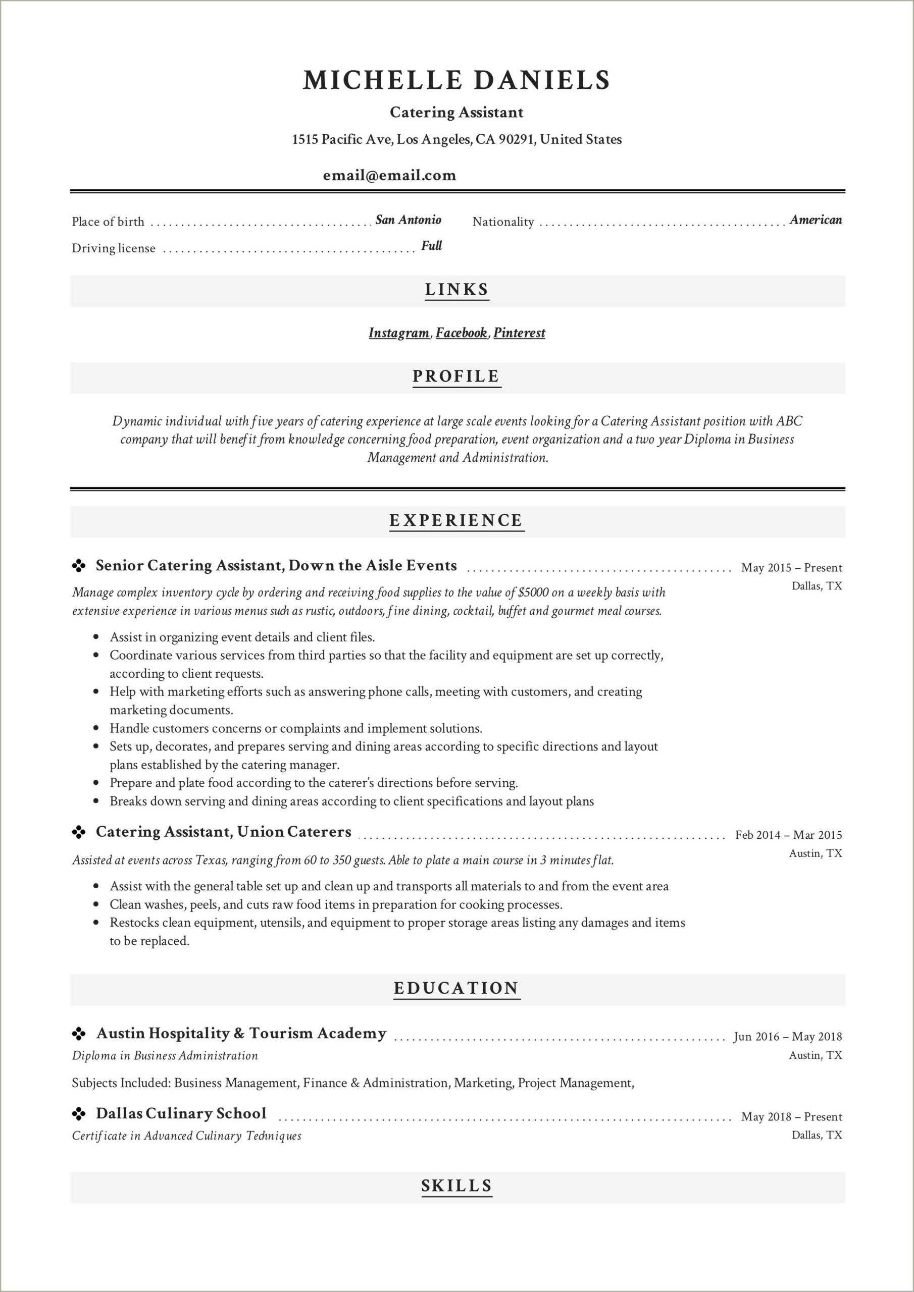 Bakery And Cooking Assistant Resume Sample