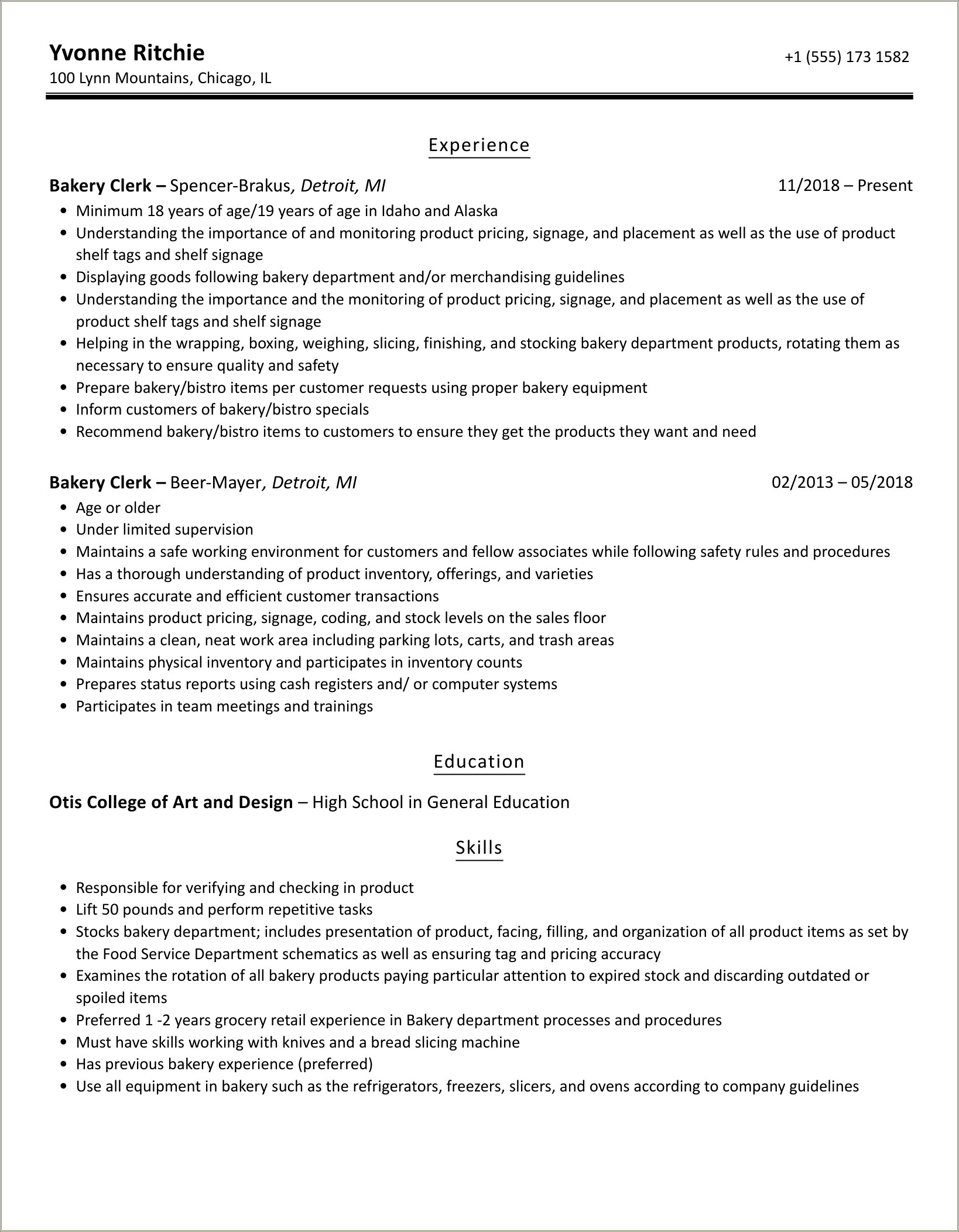 Bakery Clerk Job Description For Resume