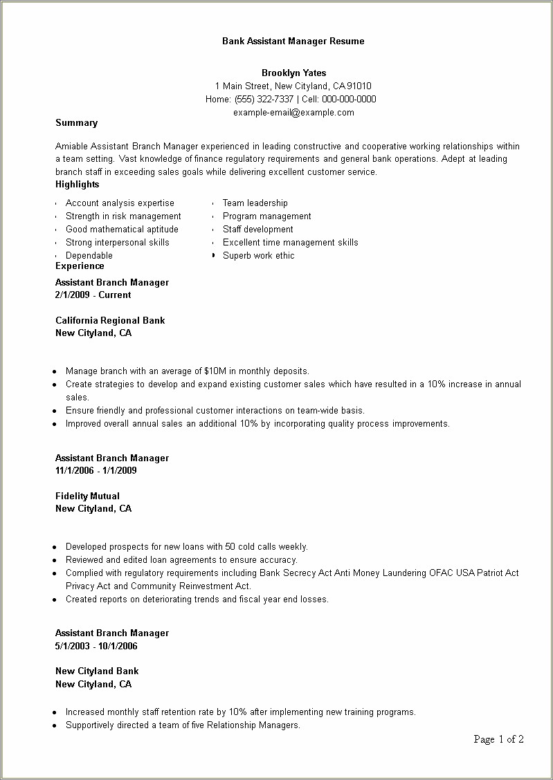 Bank Assistant Manager Job Description Resume