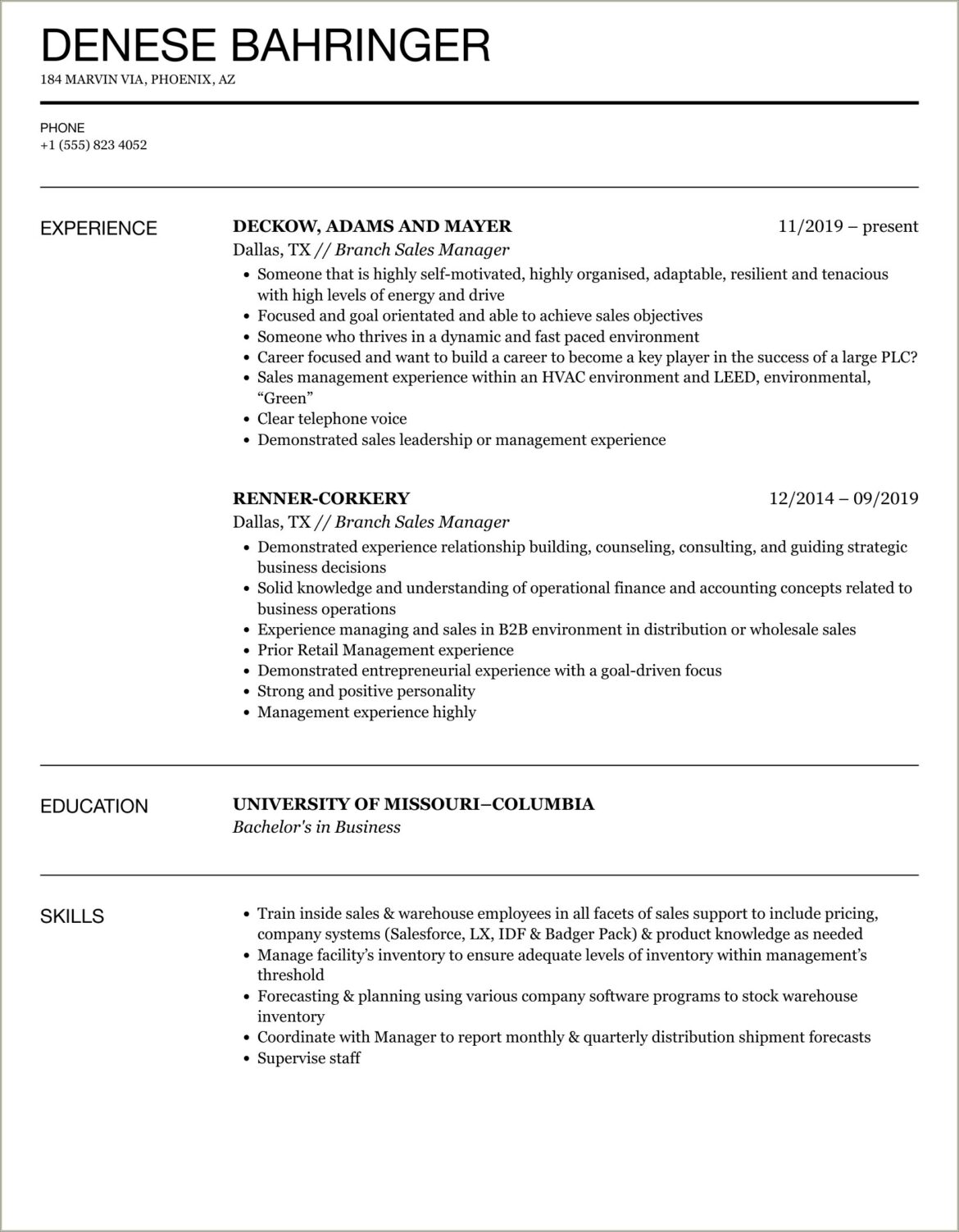 Bank Branch Manager Description For Resume