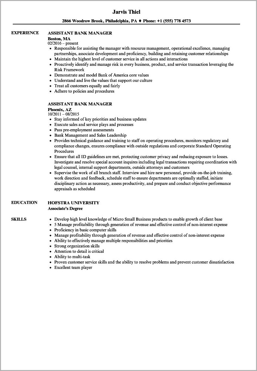 Bank Branch Manager Job Description For Resume