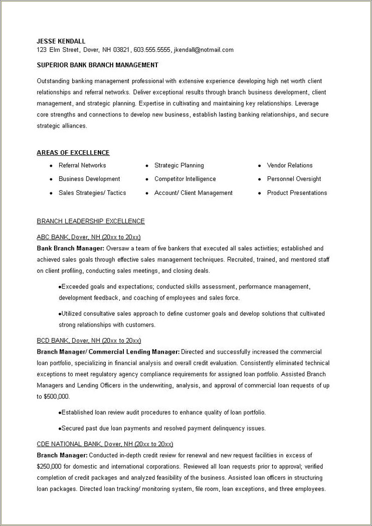 Bank Branch Manager Job Description Resume