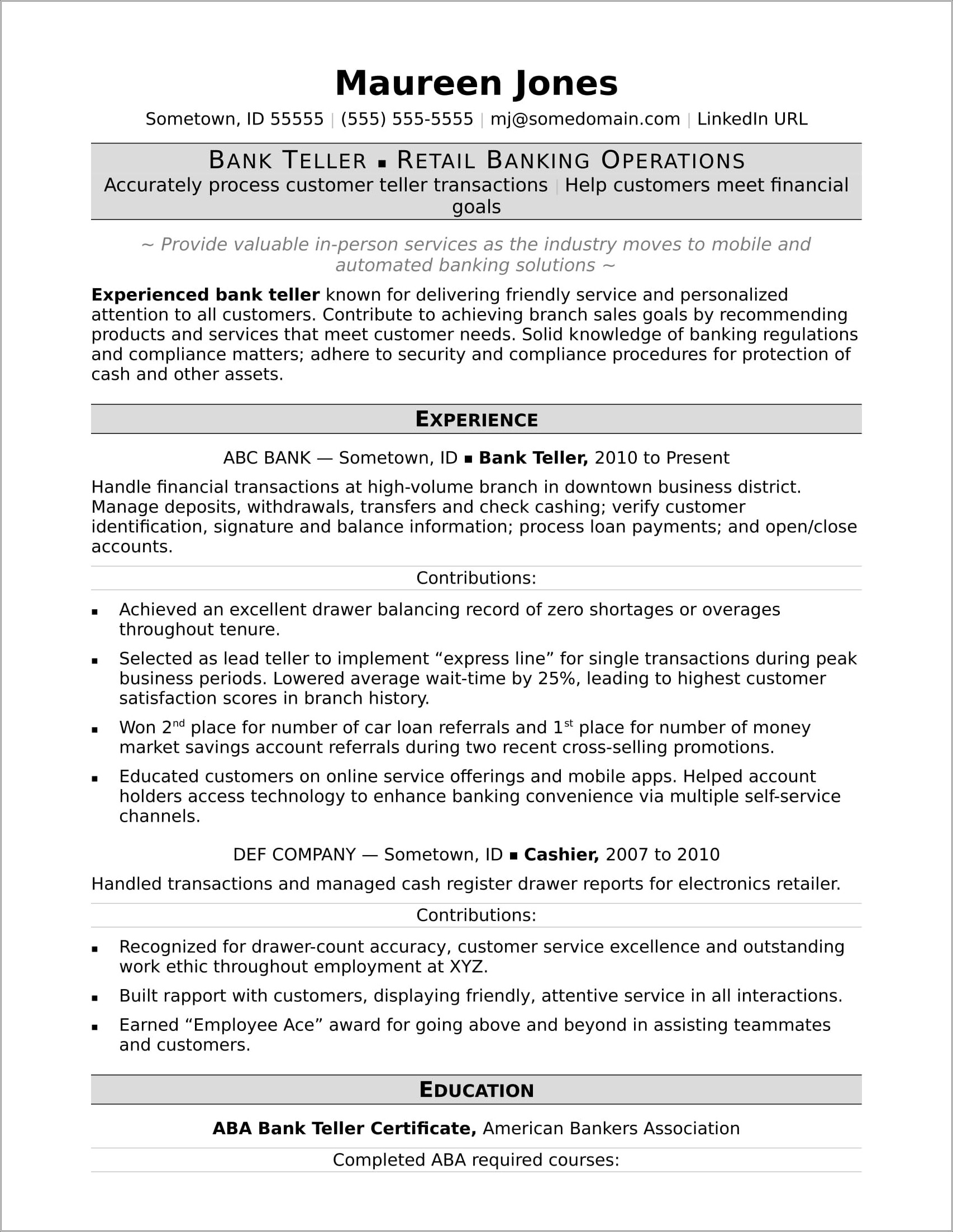 Bank Cashier Job Description For Resume
