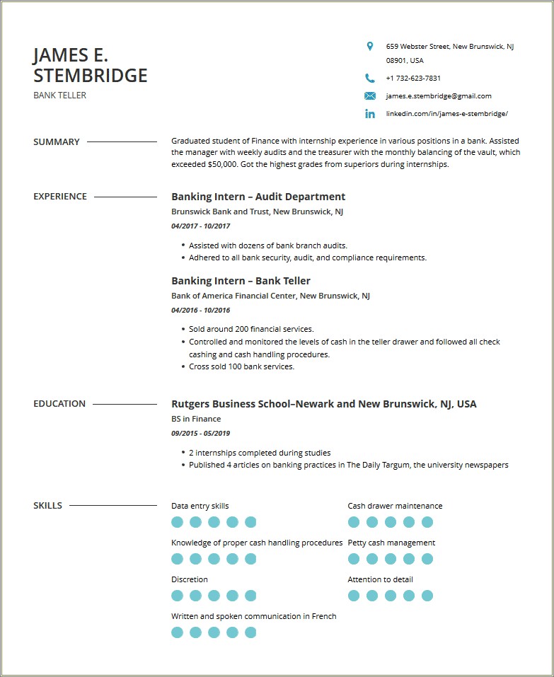 Bank Of America Teller Resume Sample