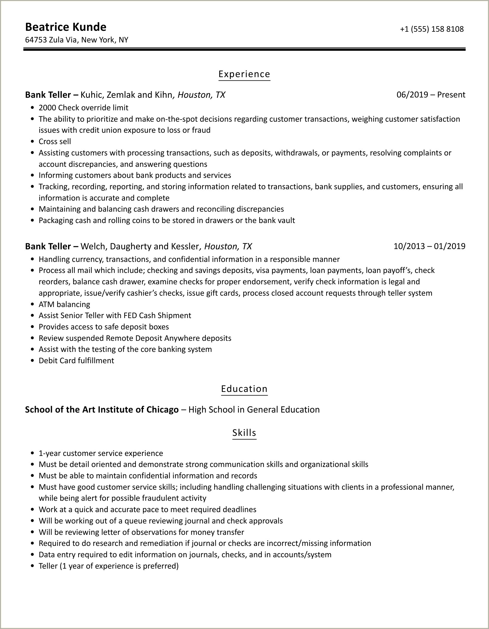 Bank Teller Resume Skills With No Experience