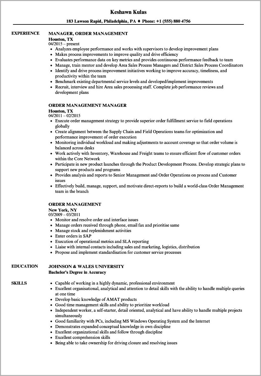 Banking Customer Order Management Resume Sample