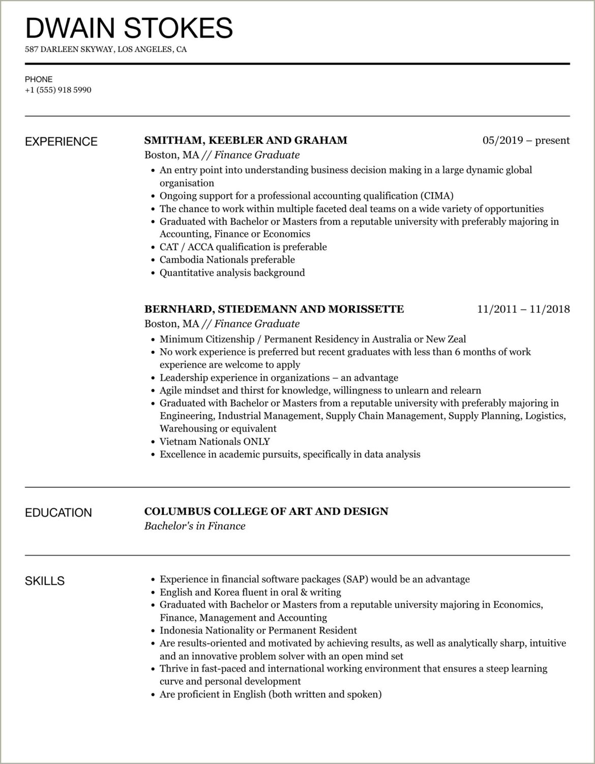 Banking Resume Sample For Fresh Graduate