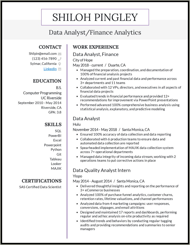 Banking To Data Science Summary Resume