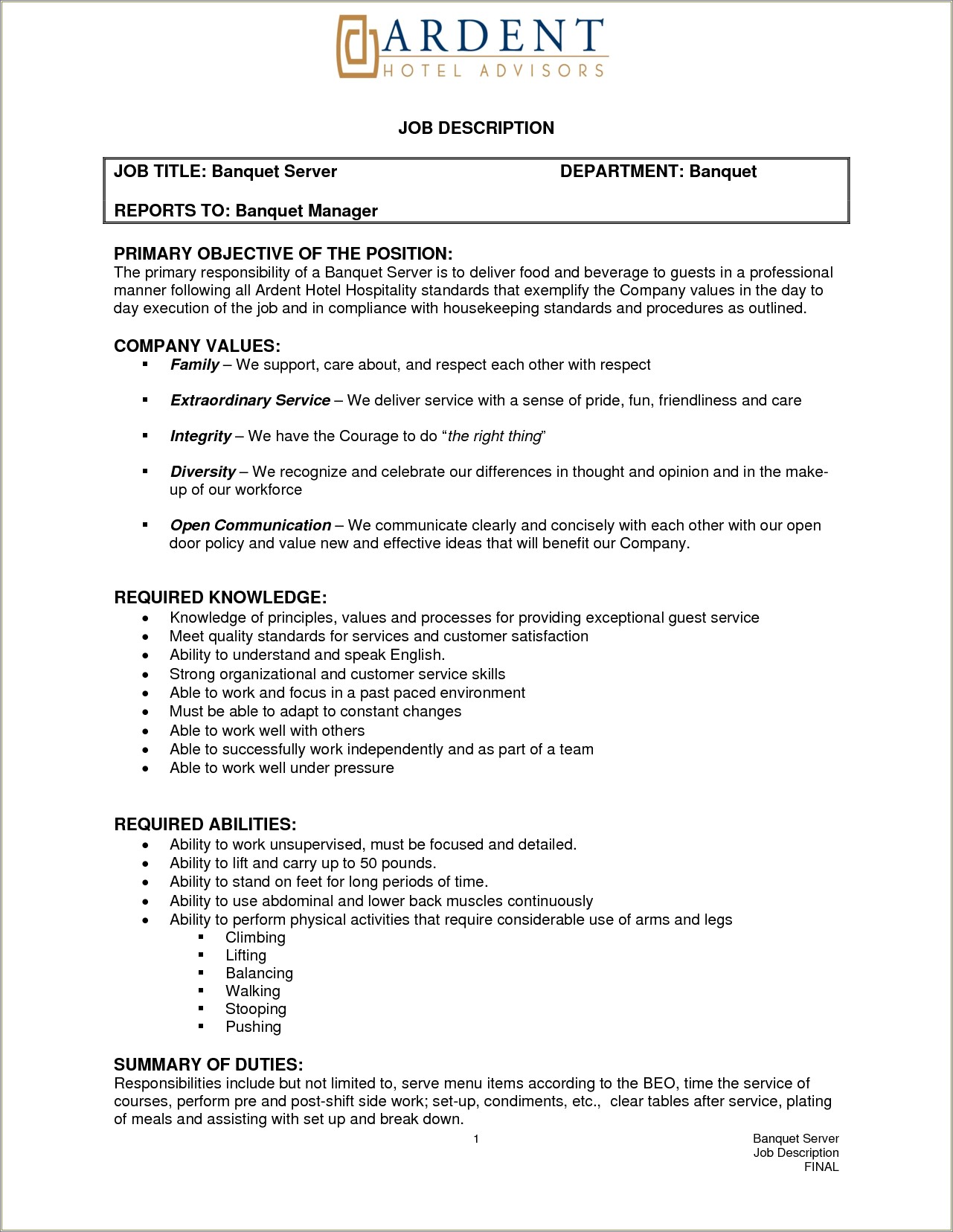 Banquet Server Job Description For Resume