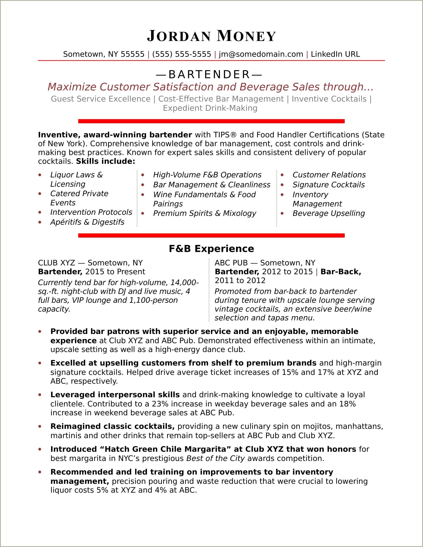 Banquets Lead And Bartender Resume Job Description Samples