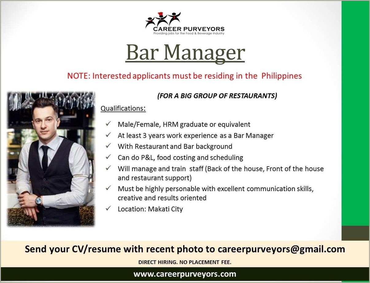Bar Manager Duties And Responsibilities Resume