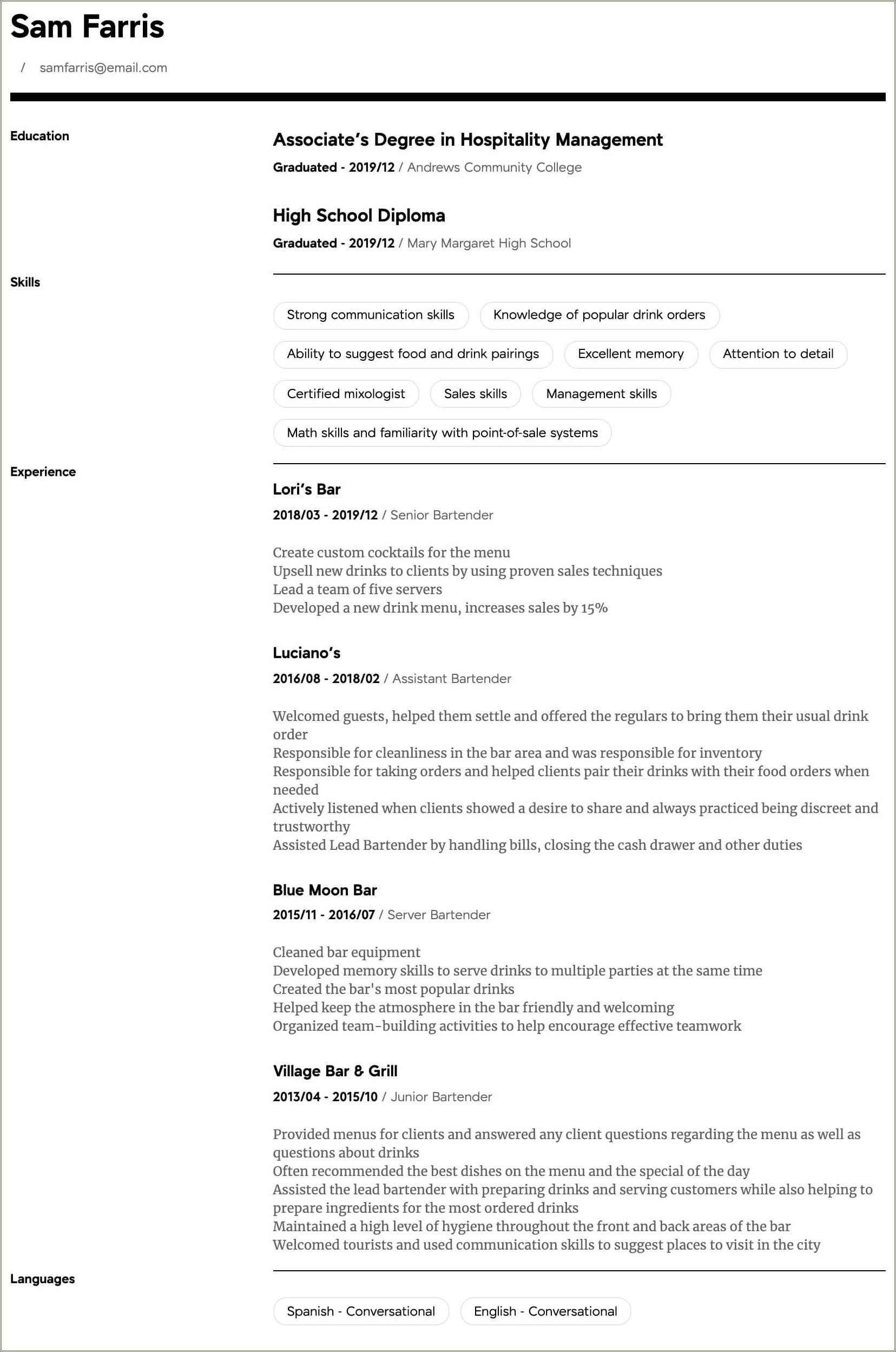 Bar Manager Job Description Sample Resume