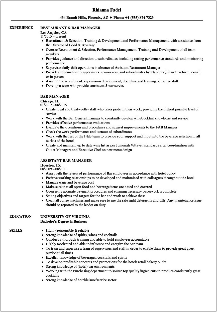 Bar Manager Resume Transferable Skills Examples