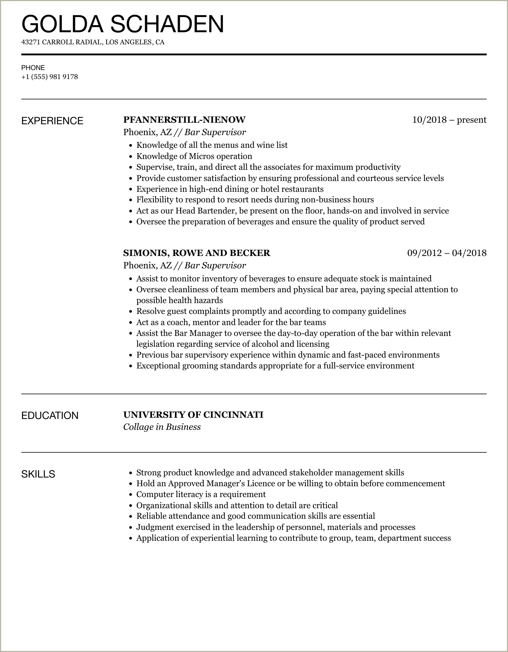 Bar Supervisor Job Description For Resume