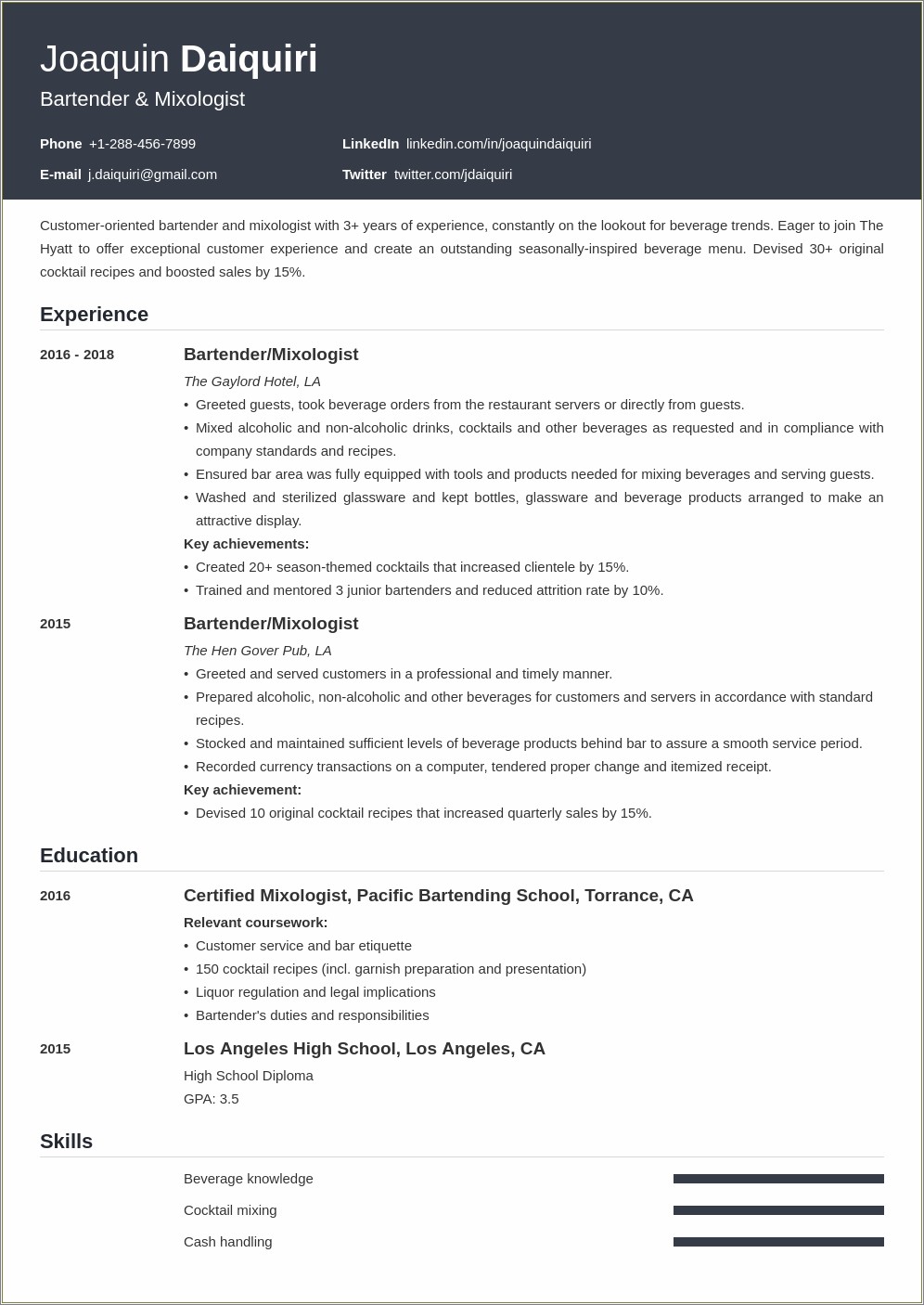 Bartender Manager Job Description For Resume