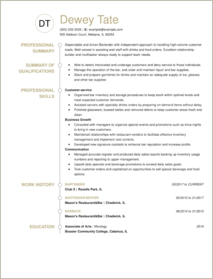 Bartender Resume Templates With No Experience