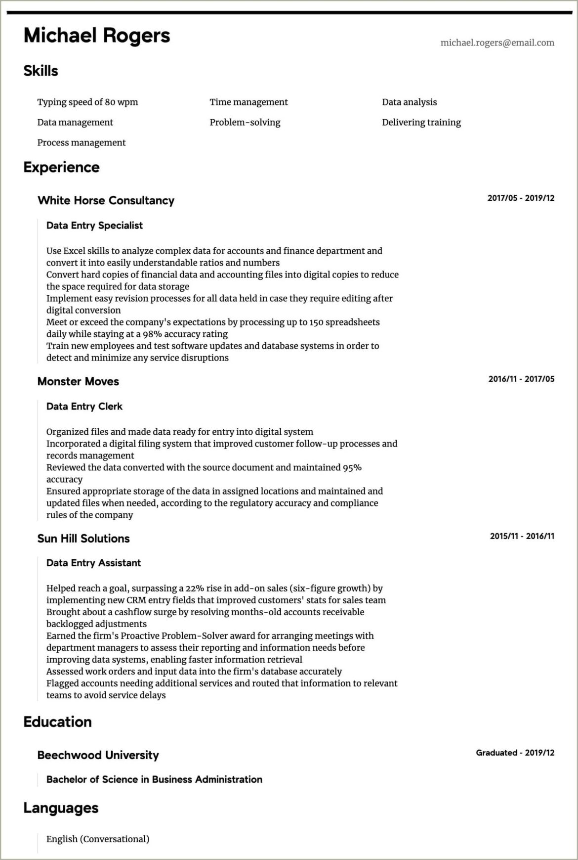 Basic Data Entry Specialist Resume Example Template