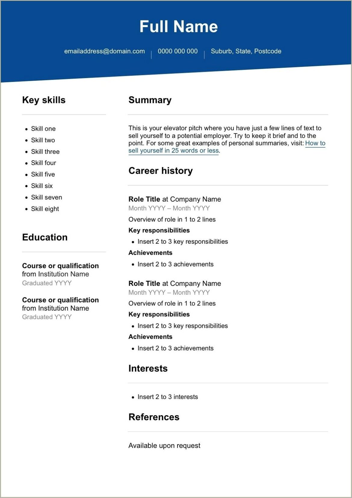 Basic One Page Resume Template Free Download