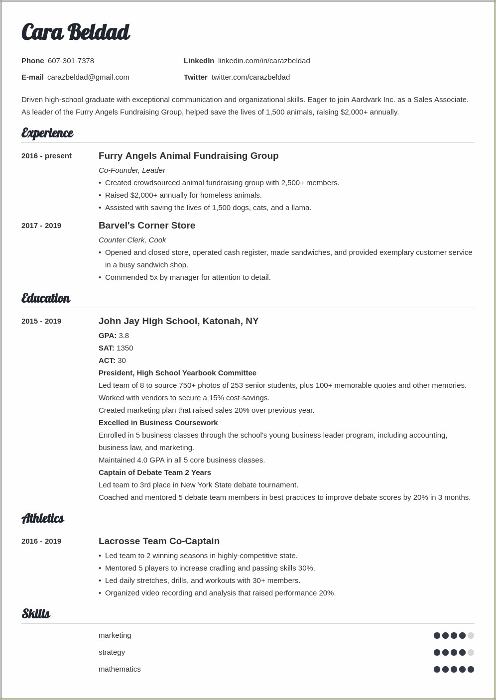Basic Resume For Students In High School
