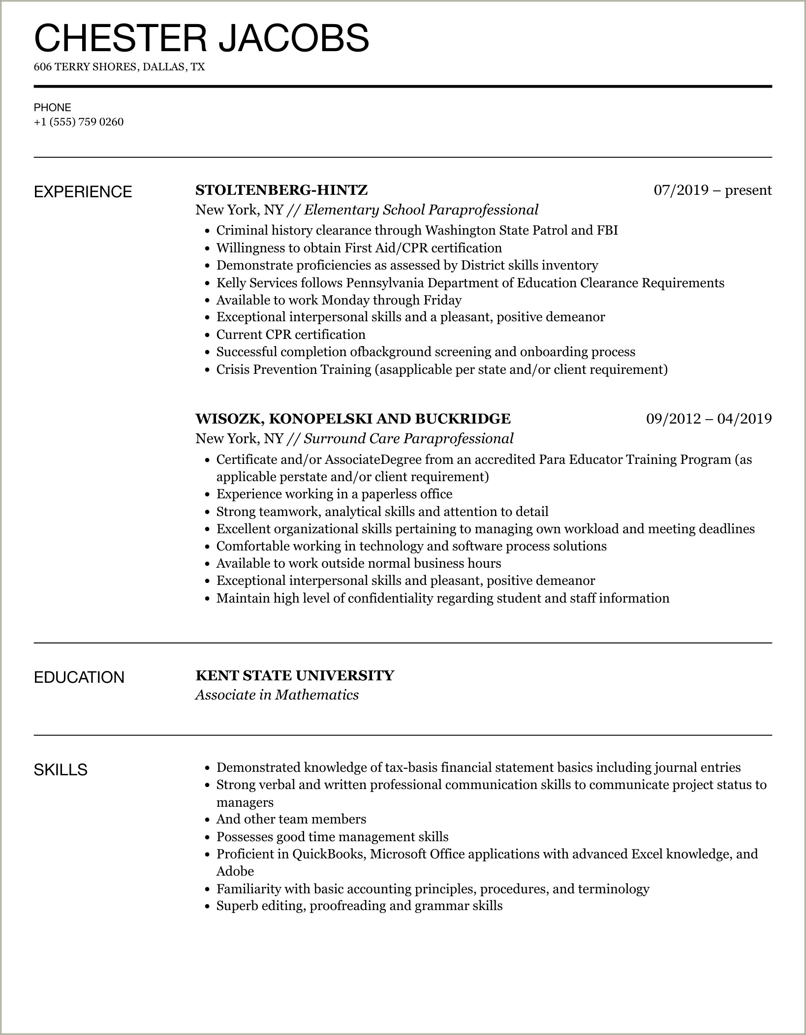 Basic Resume Objective For Paraprofessional Non Experience
