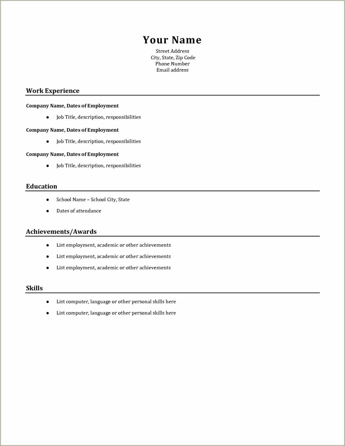 Basic Sample Of A Simple Resume