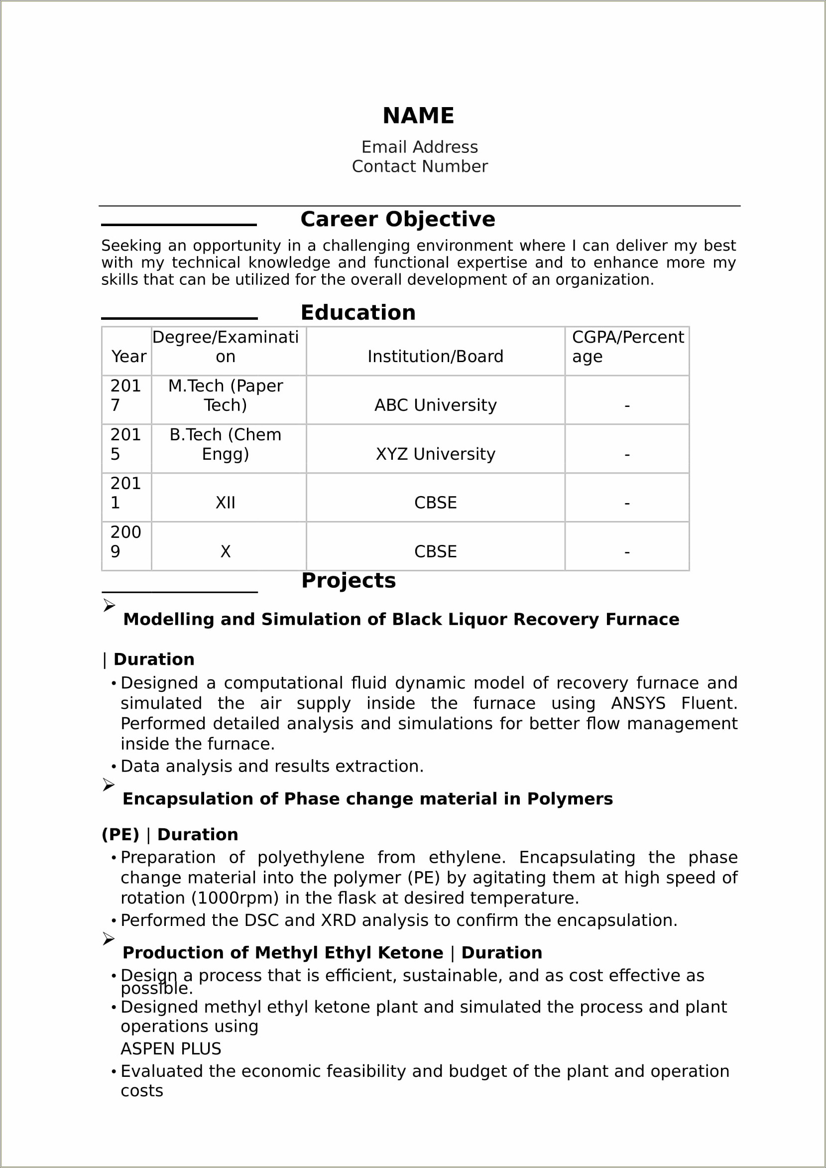 resume format for bca students