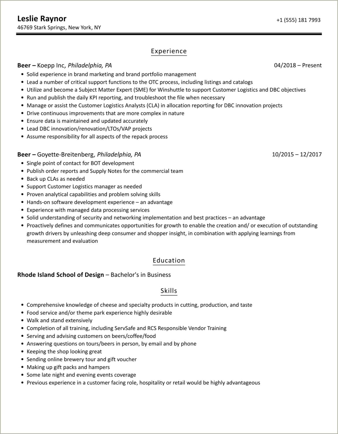 Beer Runner Job Description Large Venue Resume