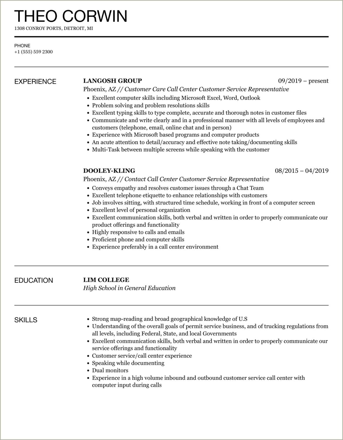 Beginner Resume Sample For Call Center