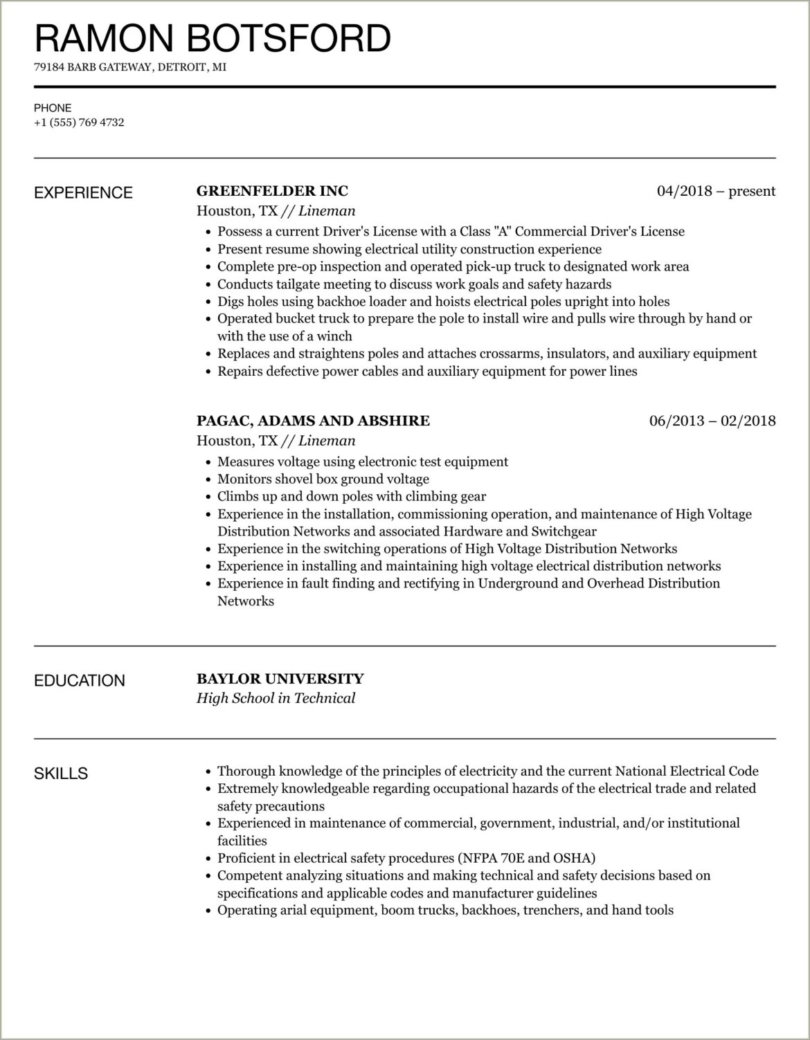 Beginners Resume For Apprentice Lineman Job