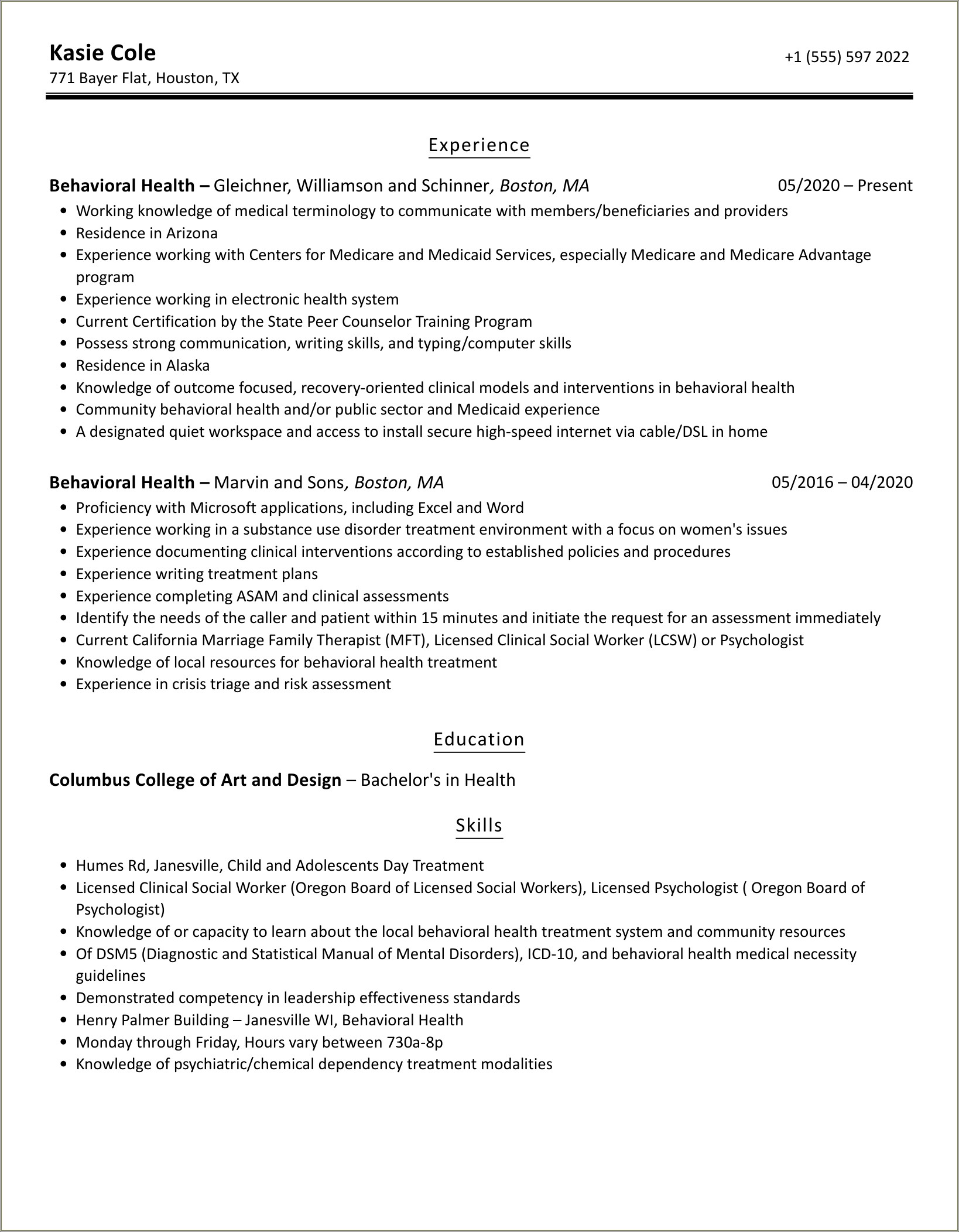 Behavioral Health For Respite Resume Samples