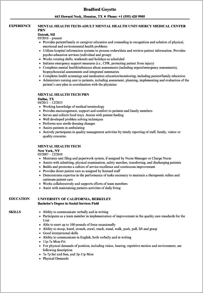 Behavioral Health Technician Job Description For Resume