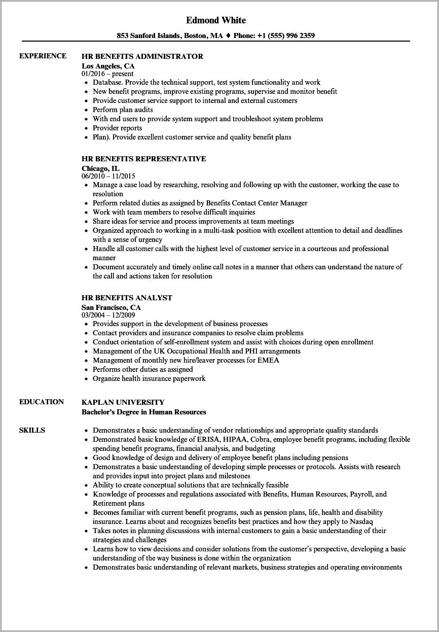 Benefits Analyst Job Description For Resume