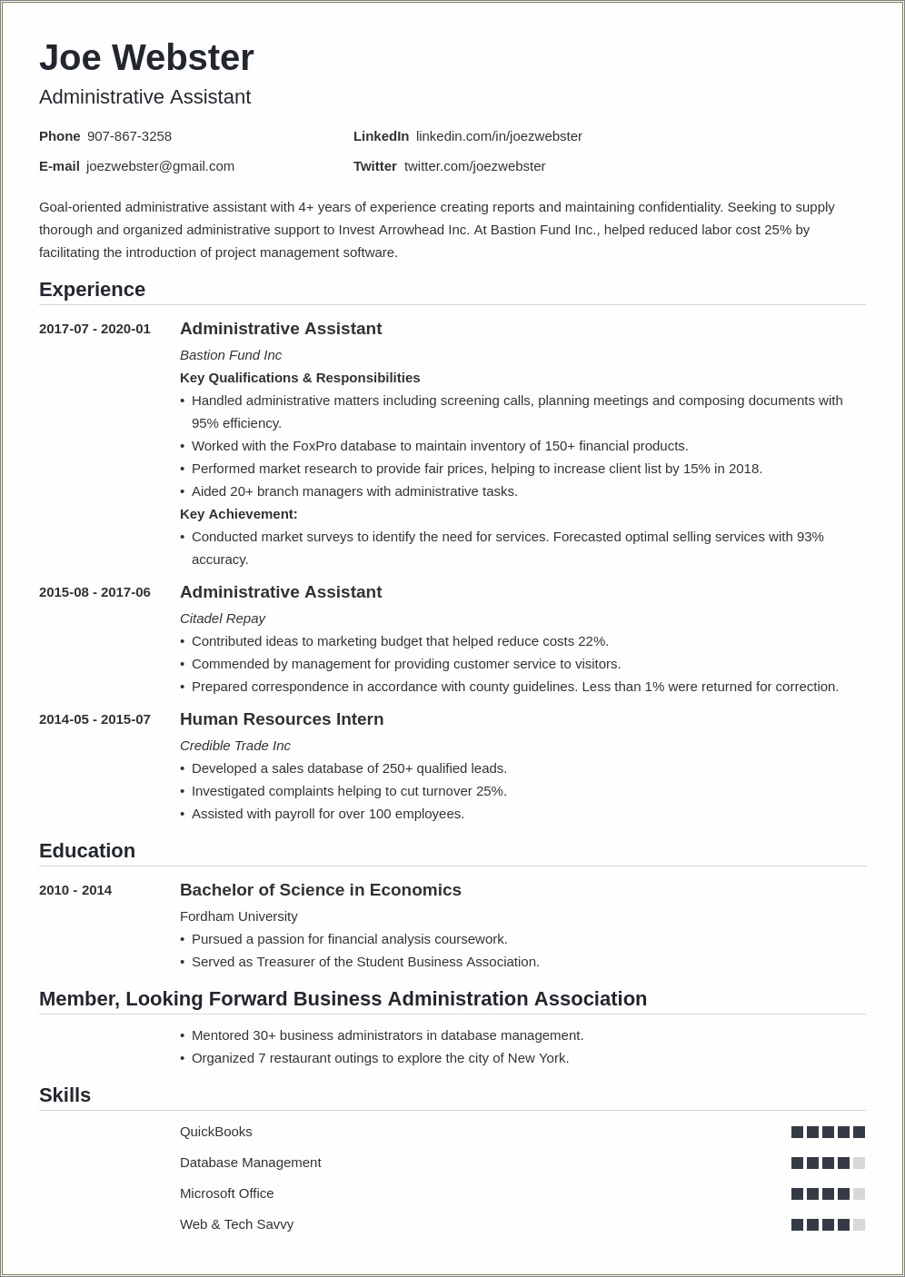 Best Admin Assistant 1 Pg Resume