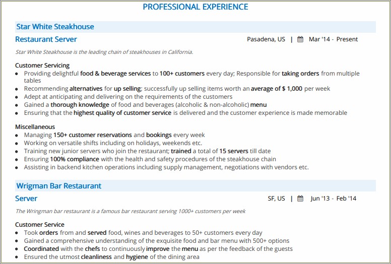 Best Bullet Points For Server Resume