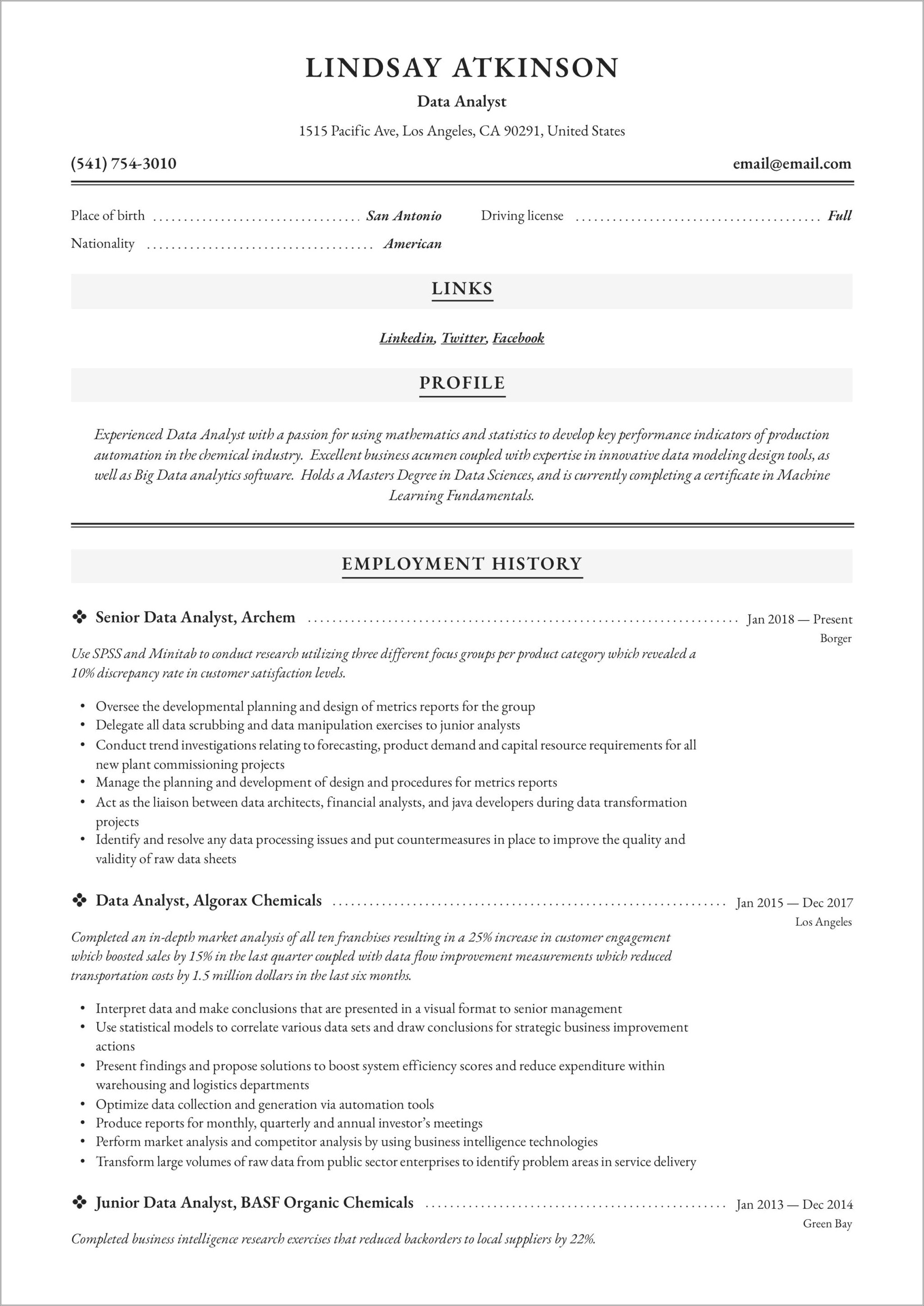 Best Data Analyst Resume Per Ats Sample