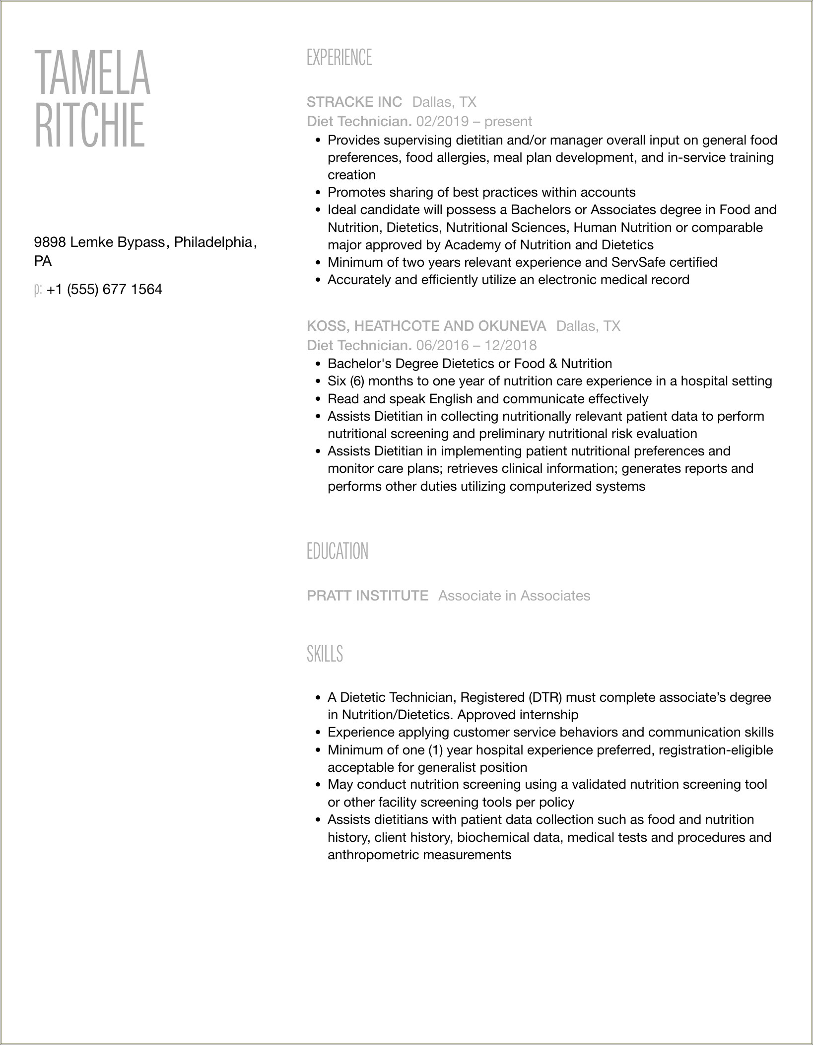 Best Dietetisc Technitian Resume United States