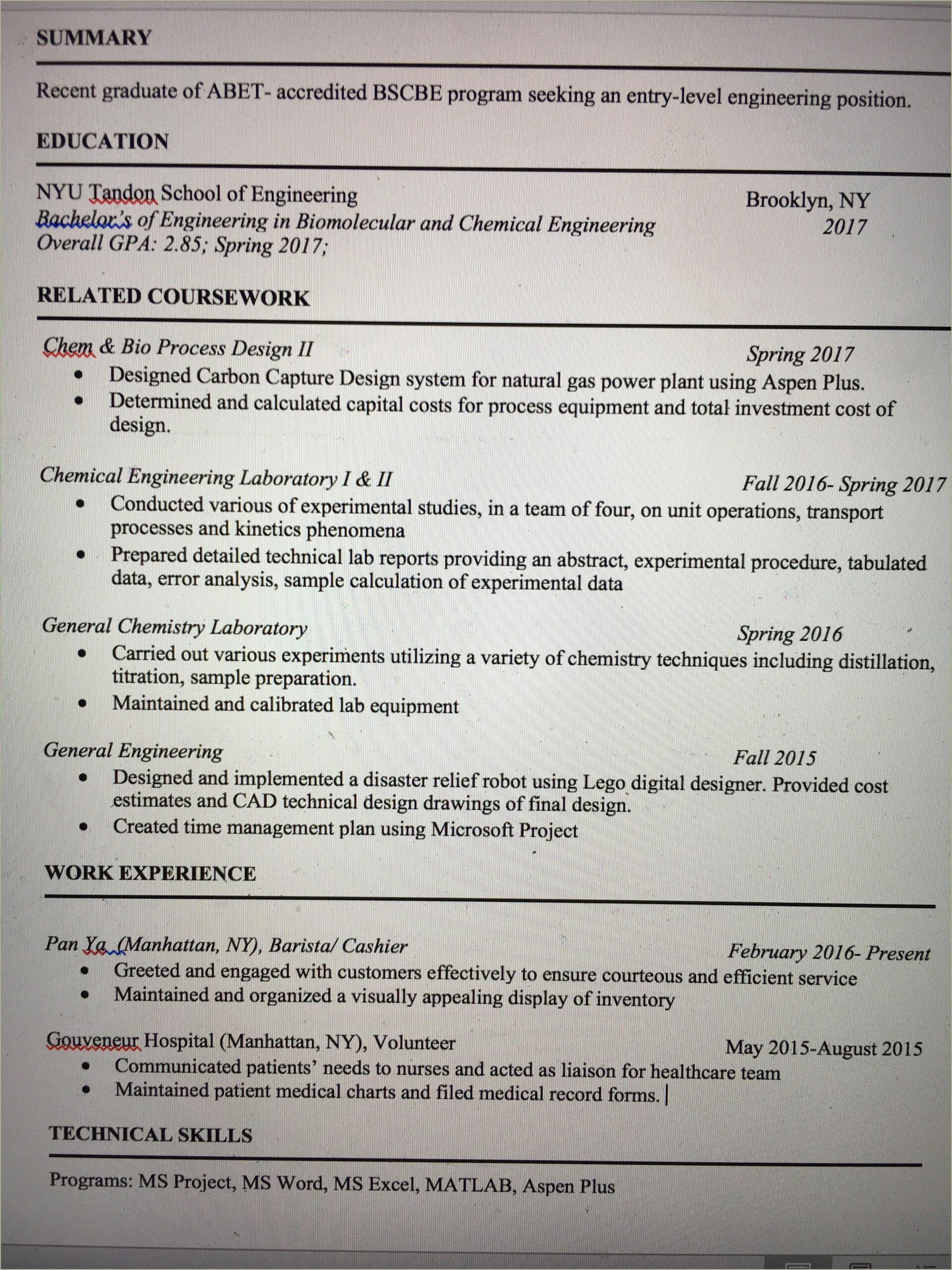 Best Entry Level Chemical Engineering Resume