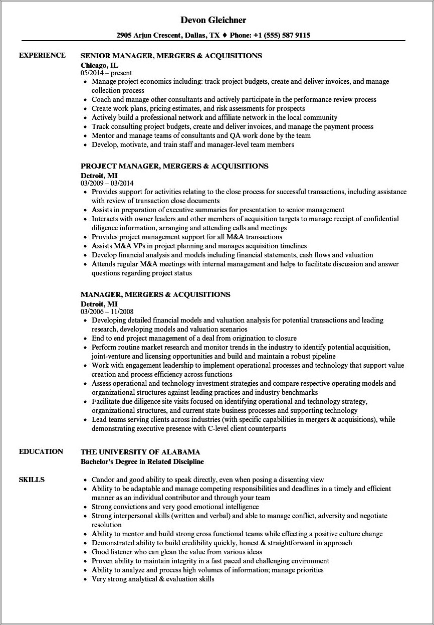Best Examples Of Resumes For Mergers And Acquisitions
