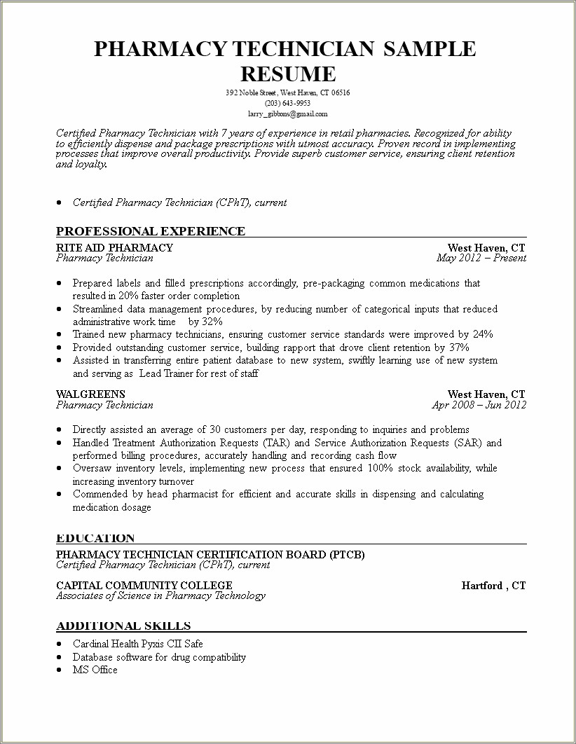 Best Free Resume For Pharmacy Technicians