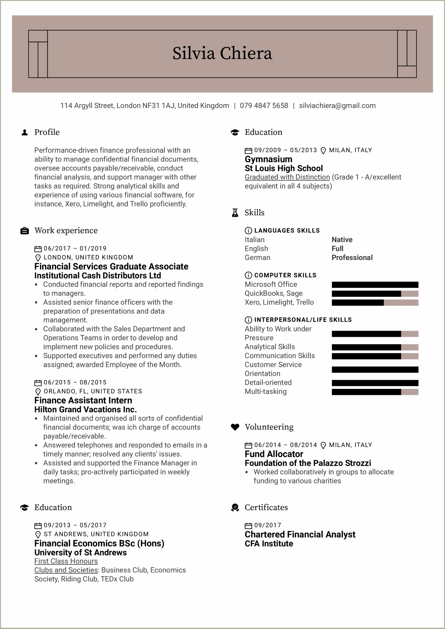 Best Interests To Put On Resume For Finance